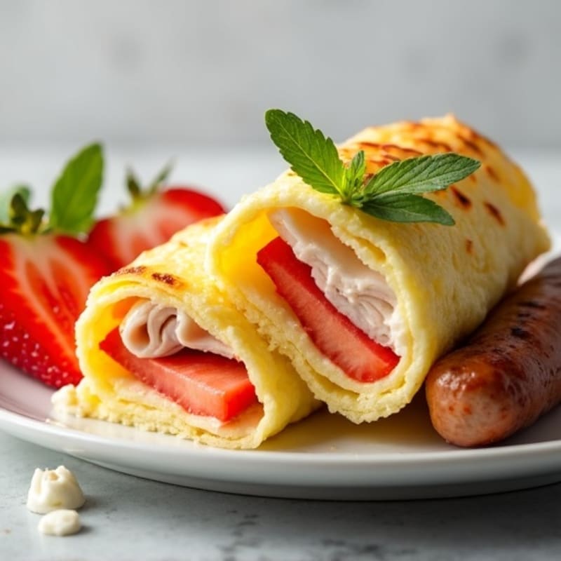 Egg and Turkey Roll-Ups with Sliced Strawberries, Grilled Chicken Sausage, and Creamy Cottage Cheese