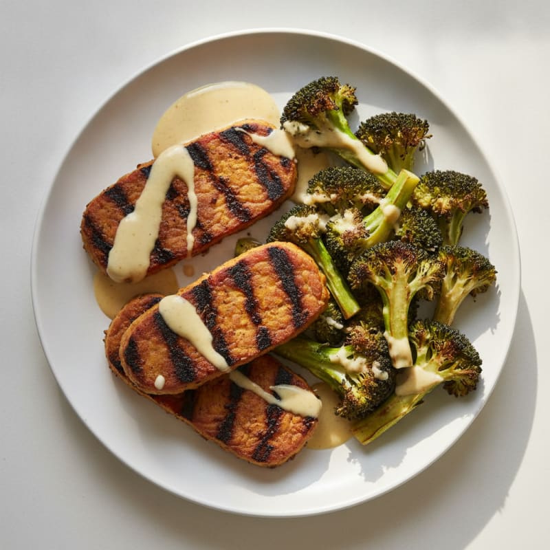Grilled Tempeh Steaks with Roasted Broccoli and Lemon Tahini Drizzle