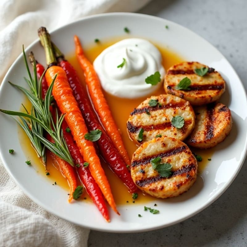 Honey-Maple Roasted Rainbow Carrots with Grilled Tempeh and Greek Yogurt Dip
