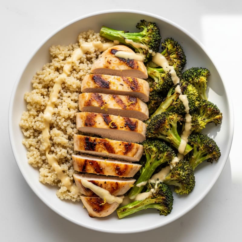 Grilled Chicken and Quinoa Bowl with Roasted Broccoli and Lemon Tahini Drizzle