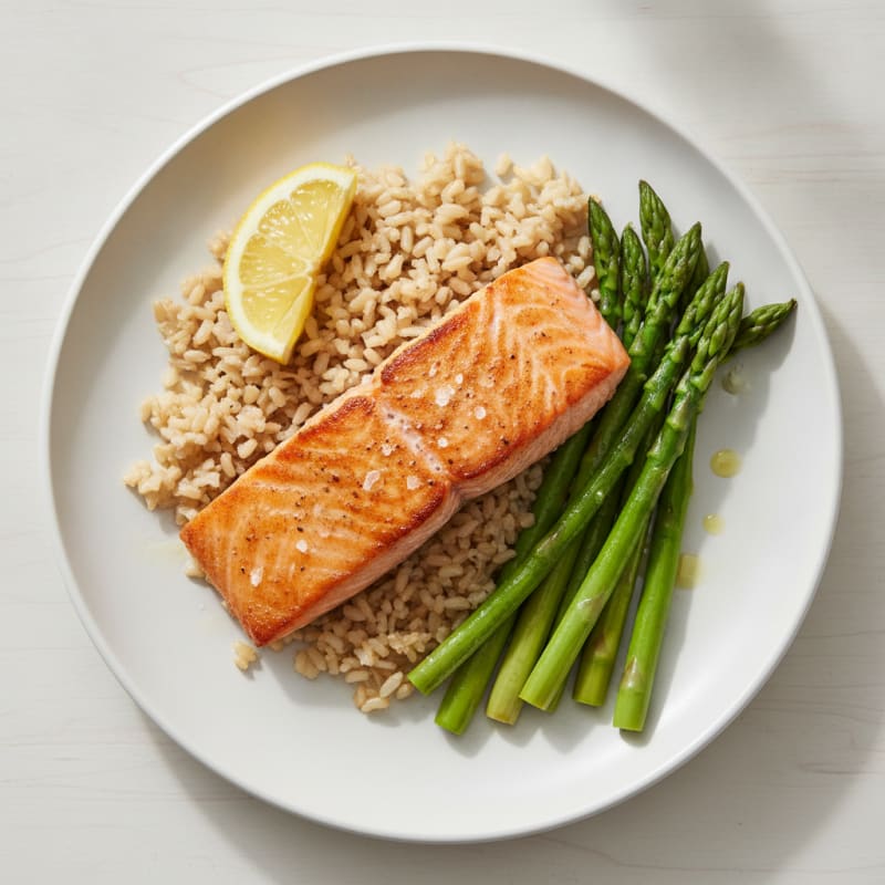 Seared Salmon with Steamed Asparagus and Brown Rice