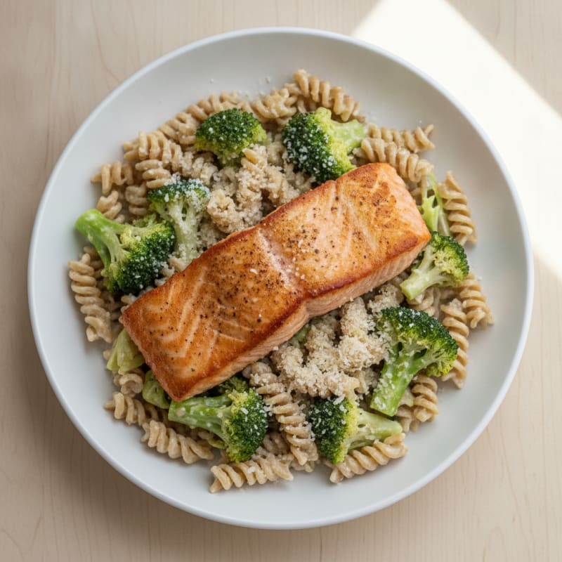 Seared Salmon with Creamy Broccoli Pasta