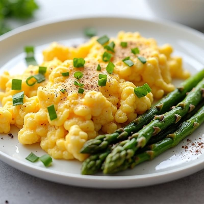 Creamy Cottage Cheese Scramble with Roasted Asparagus