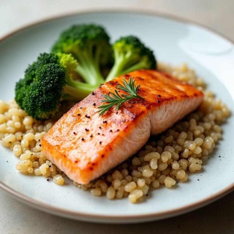 Seared Salmon Fillet with Roasted Broccoli and Garlic Quinoa