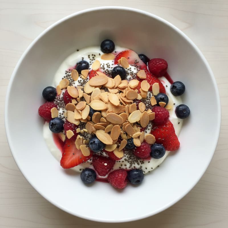 Greek Yogurt Berry Parfait with Chia and Sliced Almonds