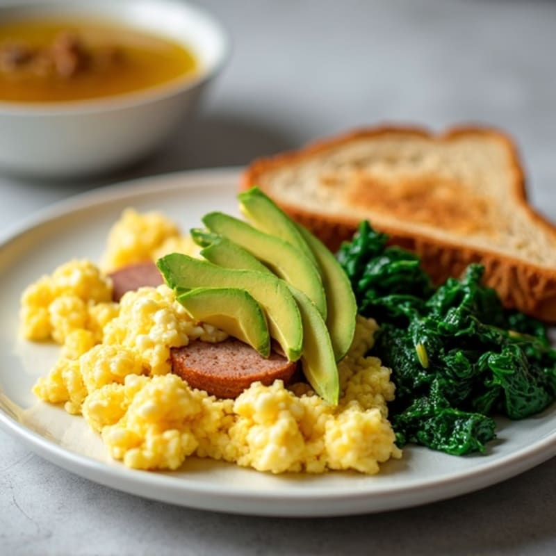 Egg White Scramble with Turkey Sausage and Sautéed Spinach