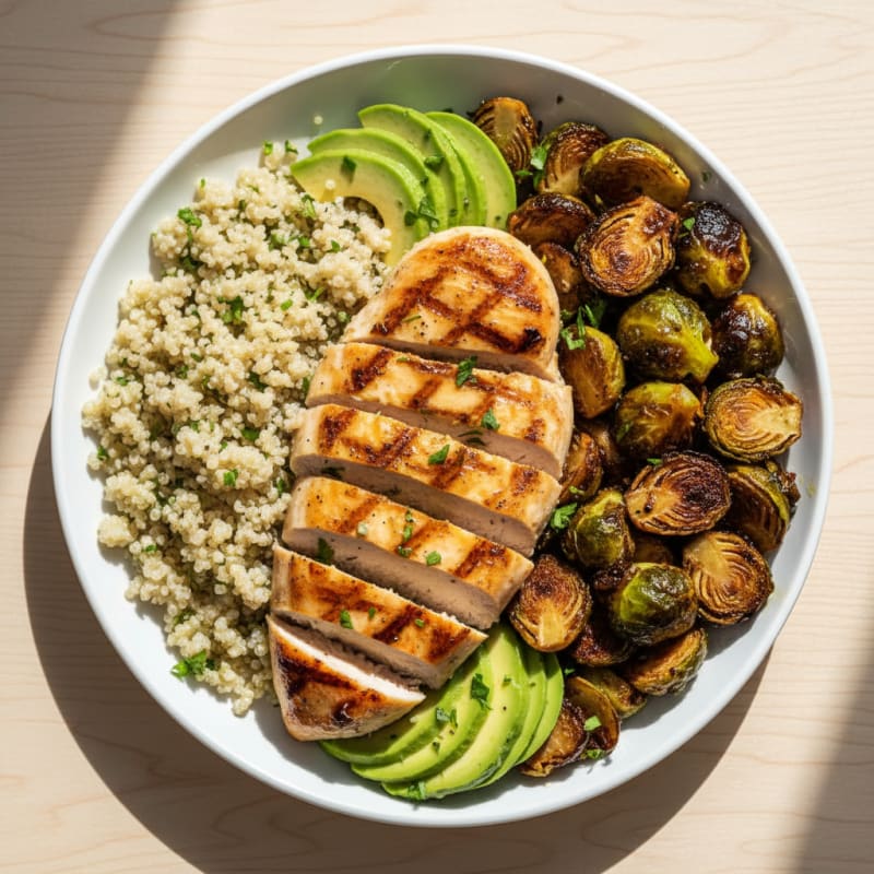 Grilled Chicken Breast with Quinoa and Roasted Brussels Sprouts