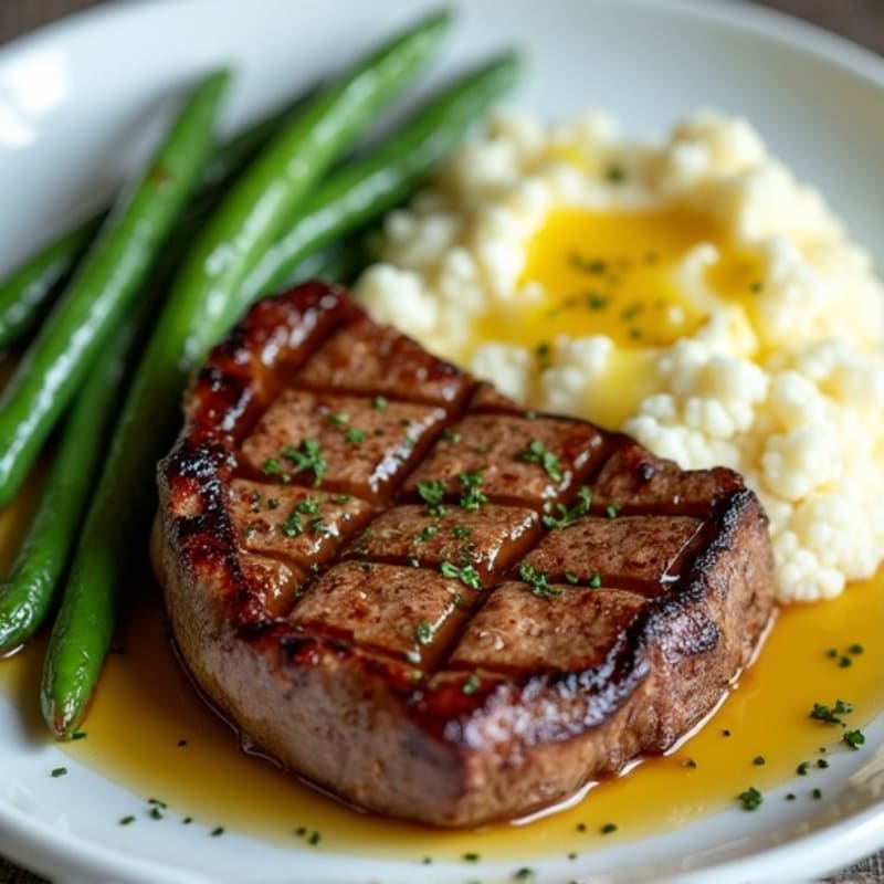Seared Lean Beef with Steamed Green Beans and Cauliflower Mash