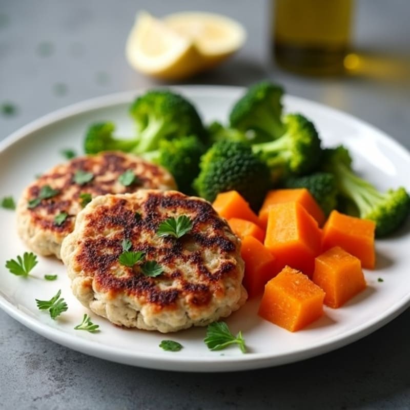 Seared Turkey Patties with Roasted Sweet Potato and Broccoli