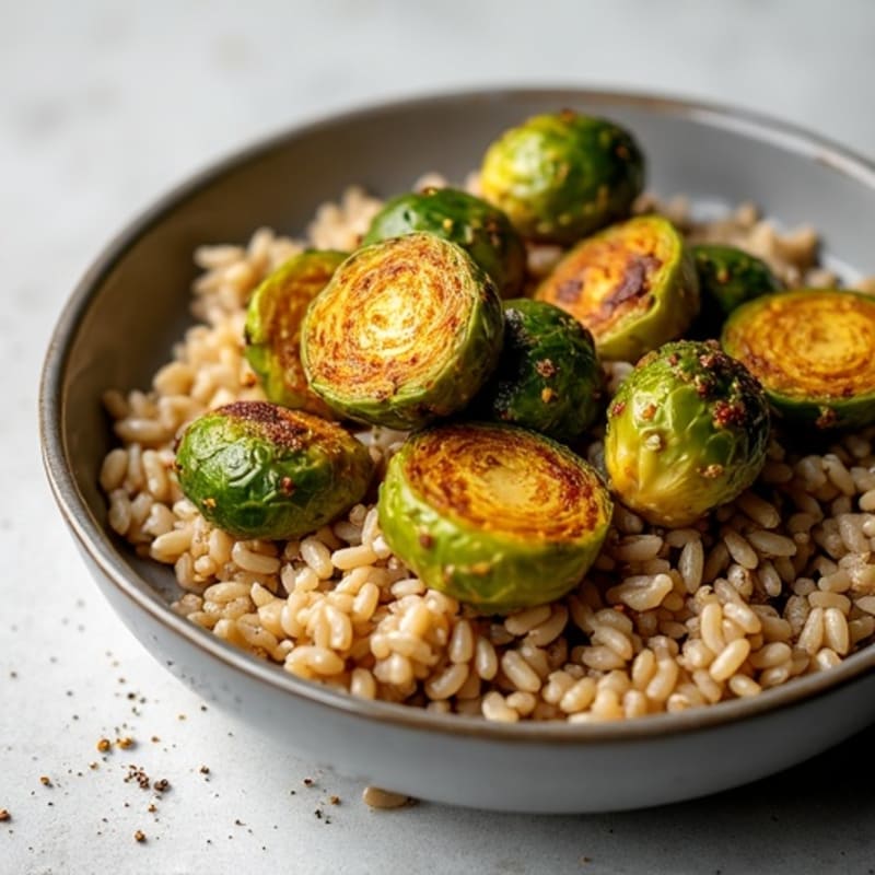 Ground Turkey and Crispy Roasted Brussels Sprouts with Brown Rice