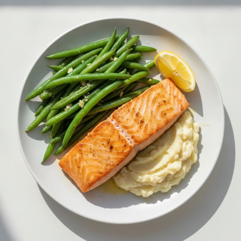 Seared Salmon with Garlic Green Beans and Mashed Cauliflower