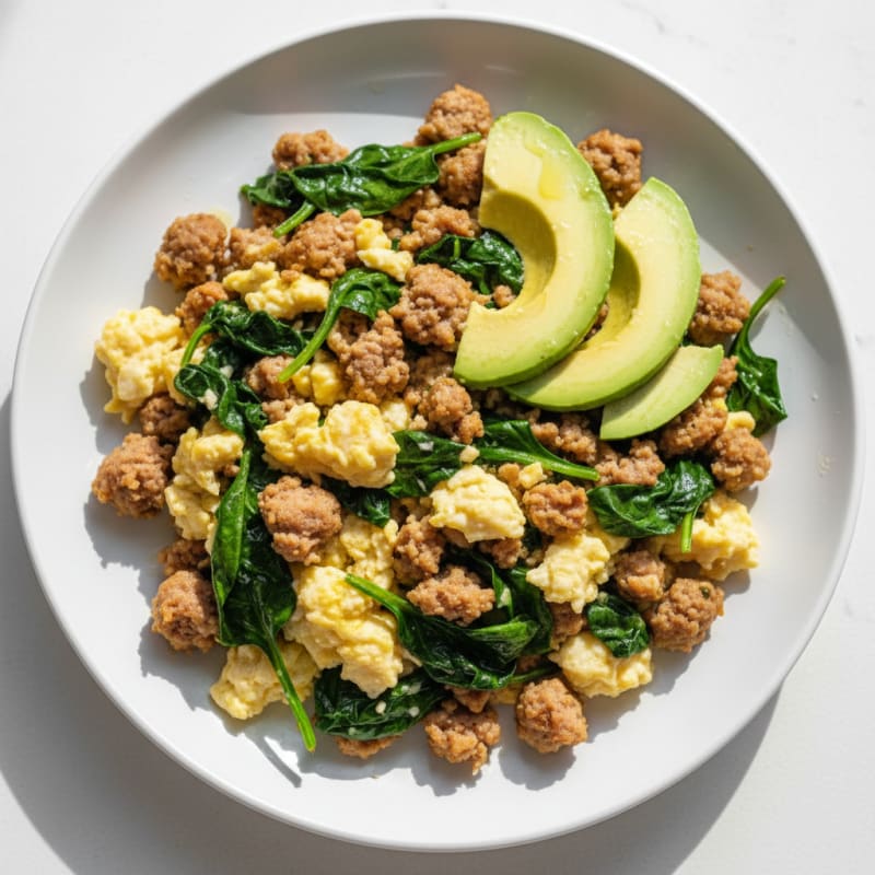Scrambled Egg Whites with Turkey Sausage and Sautéed Spinach