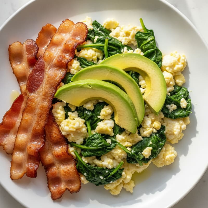 Crispy Turkey Bacon and Egg White Scramble with Sautéed Spinach