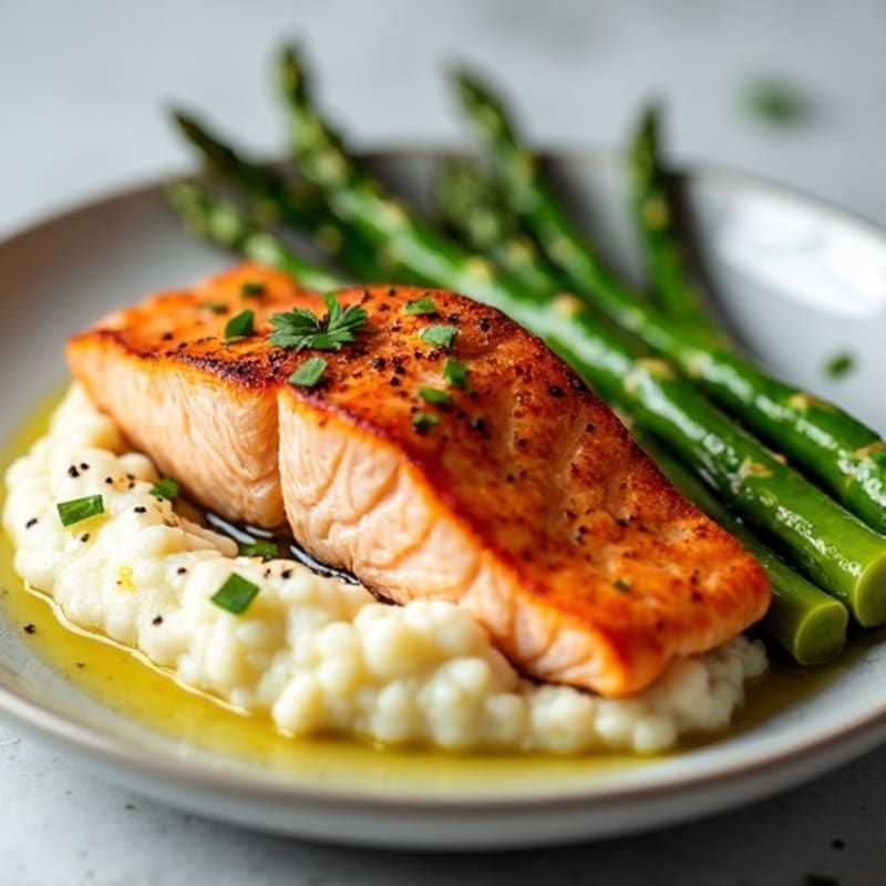 Seared Salmon with Steamed Asparagus and Cauliflower Mash
