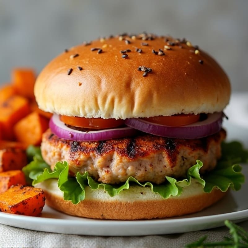 Juicy Lean Turkey Burger with Roasted Sweet Potatoes