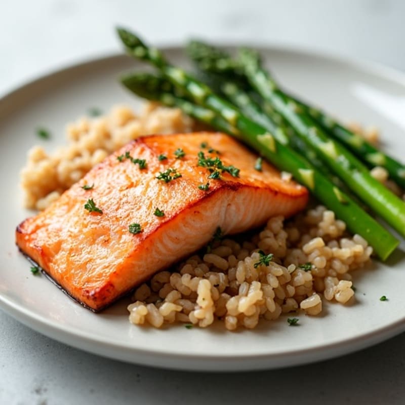 Seared Salmon Fillet with Steamed Asparagus and Brown Rice