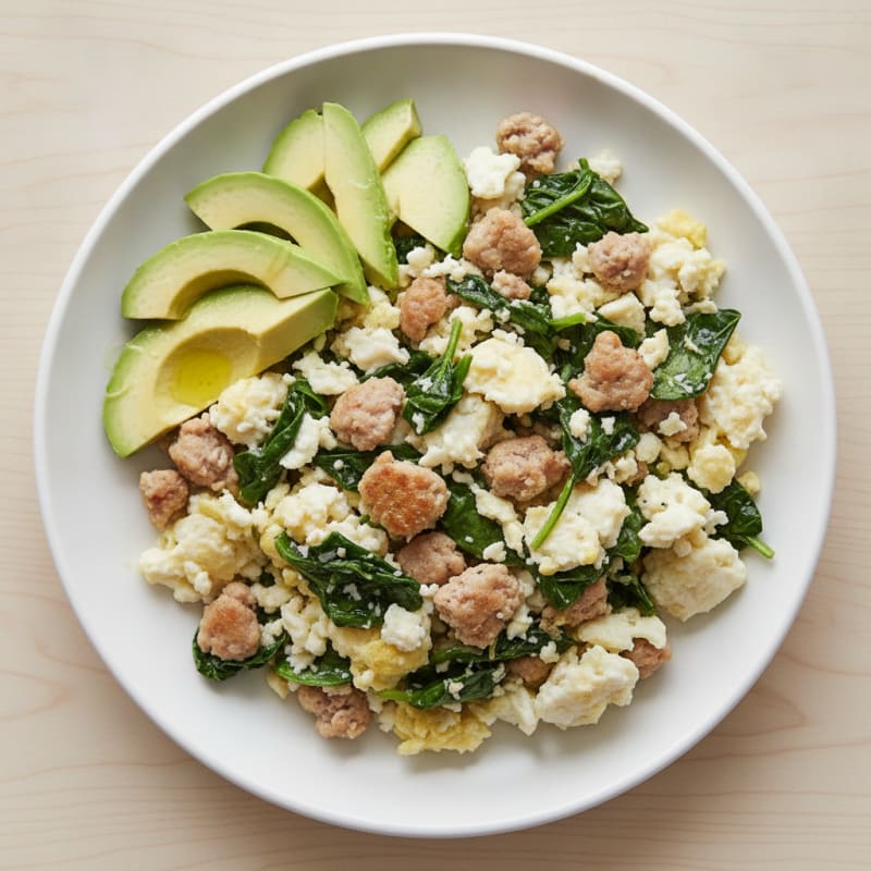 Egg White and Turkey Sausage Scramble with Sautéed Spinach
