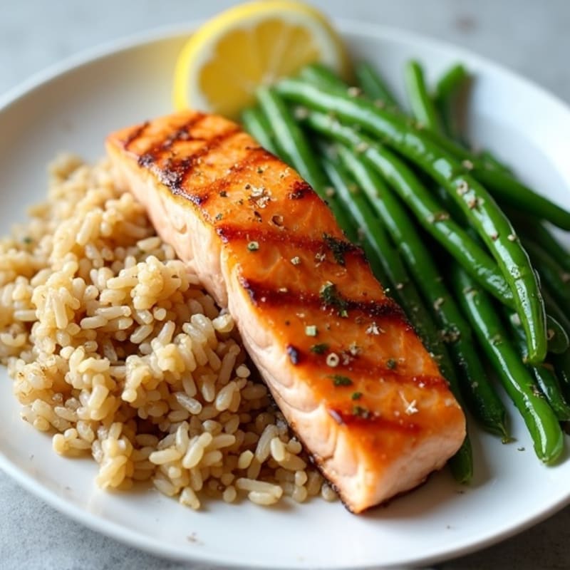 Seared Salmon with Garlic Green Beans and Brown Rice