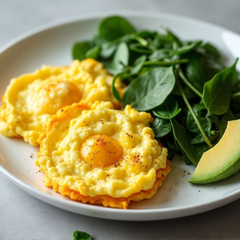 Fluffy Scrambled Eggs with Sautéed Spinach and Sliced Avocado