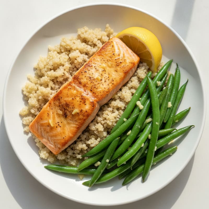 Seared Salmon Fillet with Garlic Sautéed Green Beans and Quinoa