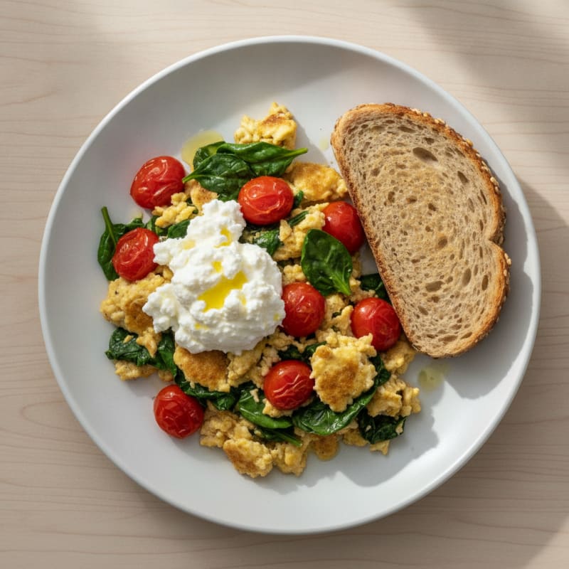Cottage Cheese Egg Scramble with Spinach and Cherry Tomatoes