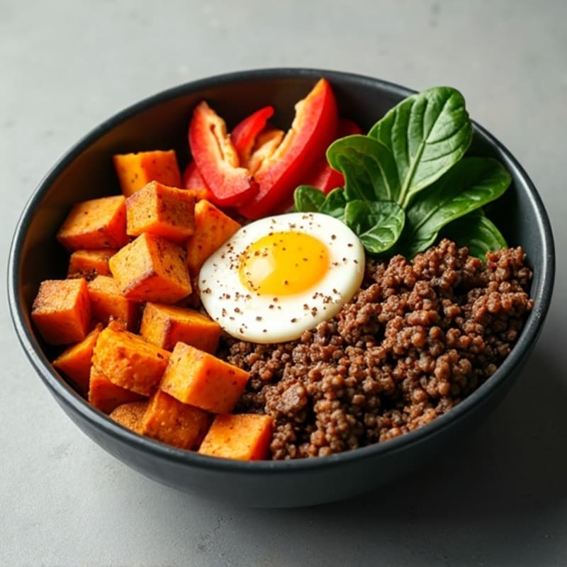 Skillet Seasoned Ground Beef Bowl with Roasted Sweet Potatoes