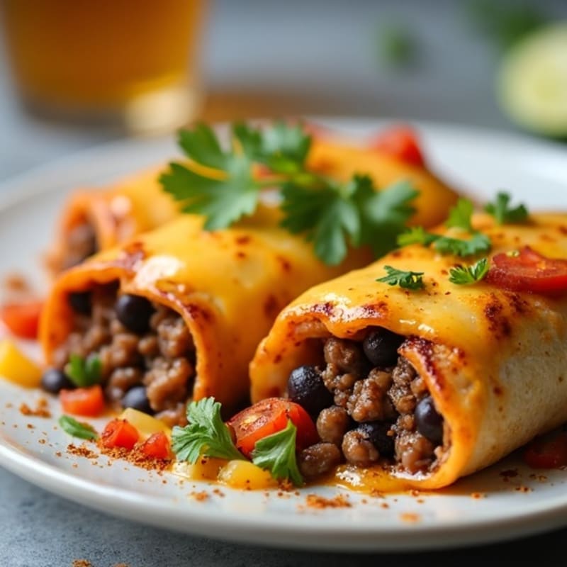 Baked Lean Ground Beef and Black Bean Tortilla Rolls with Creamy Cheese Sauce