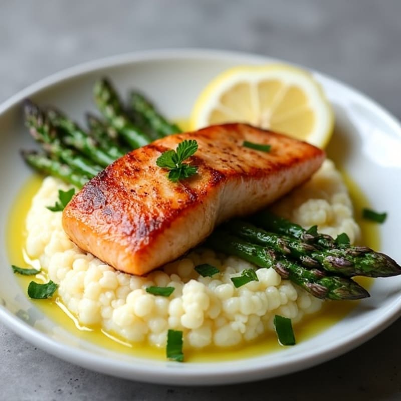 Seared Salmon with Roasted Asparagus and Cauliflower Mash
