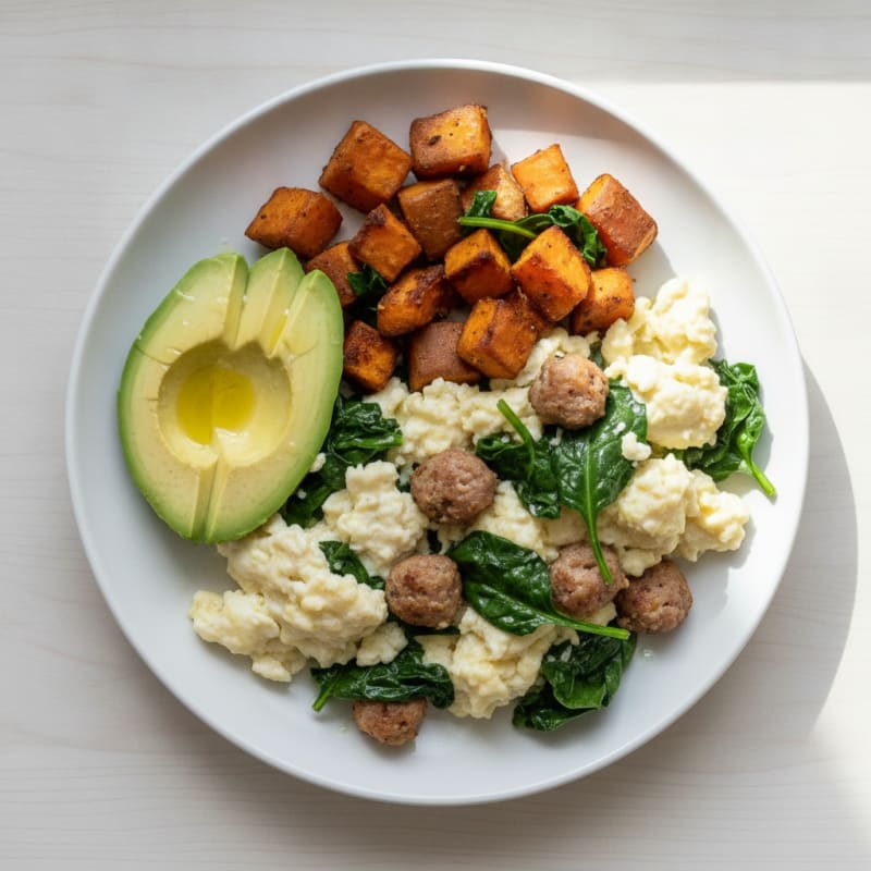 Egg White Scramble with Turkey Sausage and Sautéed Spinach