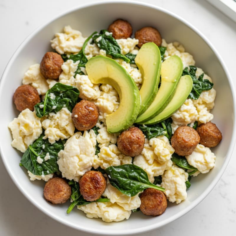 Scrambled Egg Whites with Turkey Sausage and Sautéed Spinach