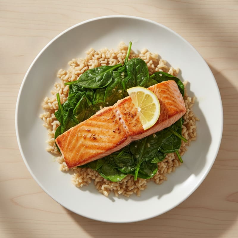 Seared Salmon with Garlic Spinach and Brown Rice