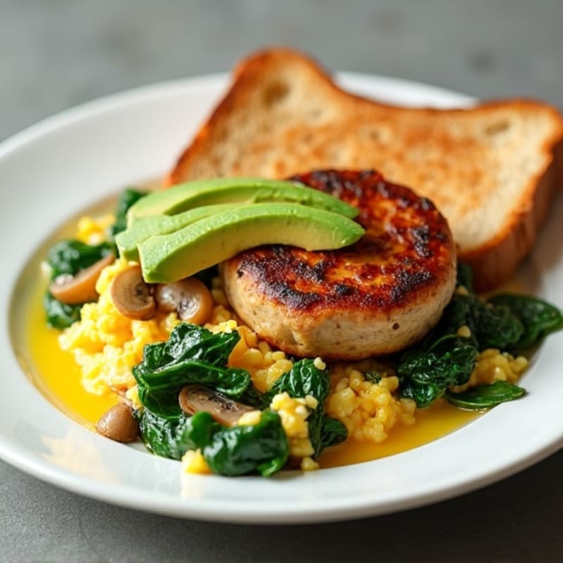 Egg White Spinach Scramble with Turkey Sausage and Sautéed Mushrooms