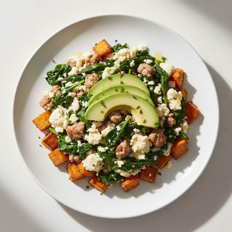 Egg White and Turkey Sausage Scramble with Spinach and Roasted Sweet Potato