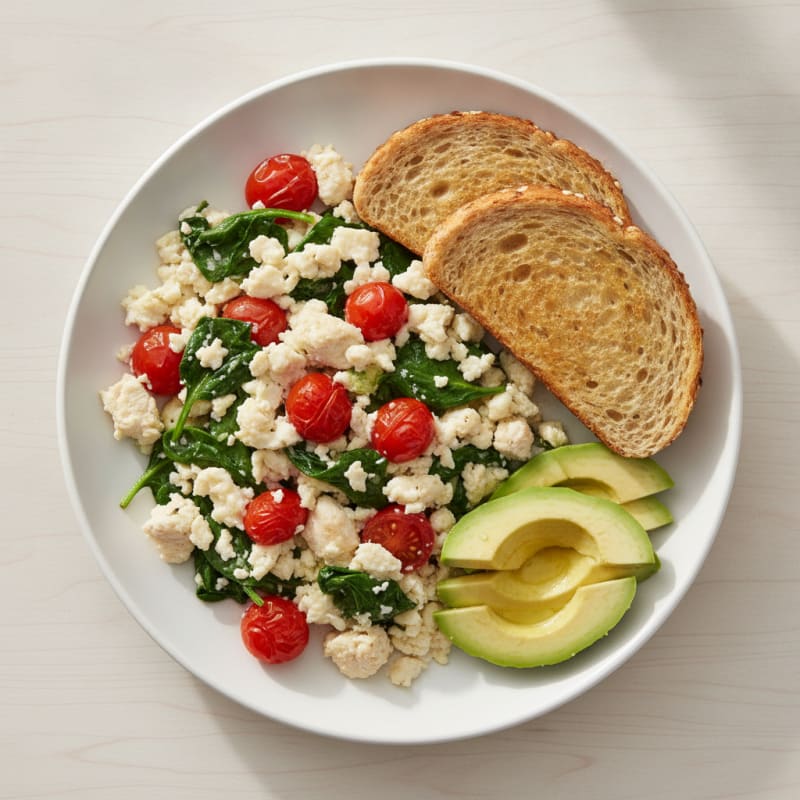 Chicken Egg White Scramble with Spinach and Cherry Tomatoes