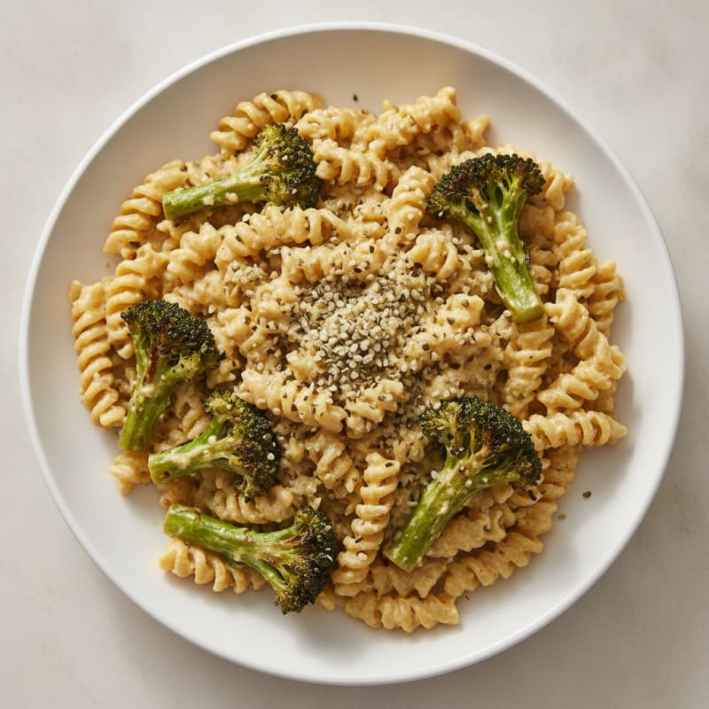 Creamy Chickpea Pasta with Roasted Broccoli and Hemp Seeds
