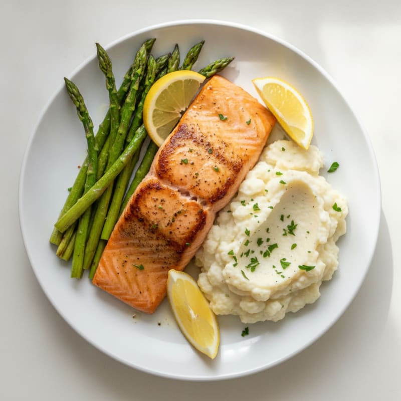 Seared Salmon Fillet with Roasted Asparagus and Cauliflower Mash
