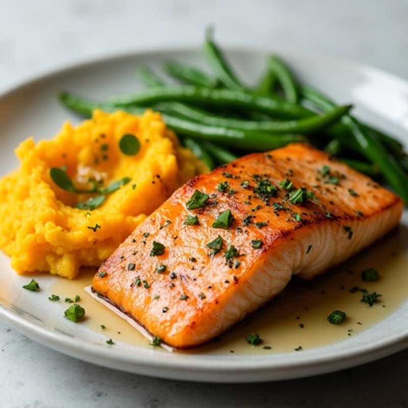 Seared Salmon with Garlic Green Beans and Mashed Sweet Potato