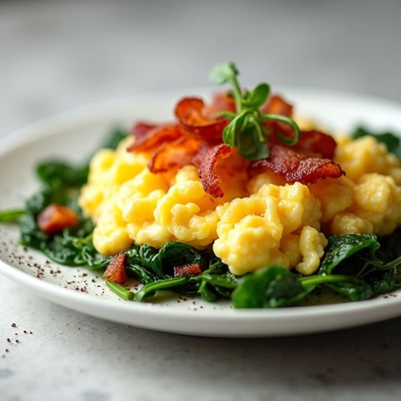 Fluffy Scrambled Eggs with Sautéed Spinach and Crispy Turkey Bacon