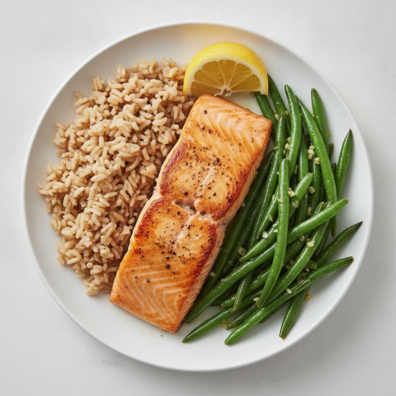 Seared Salmon Fillet with Garlic Green Beans and Brown Rice