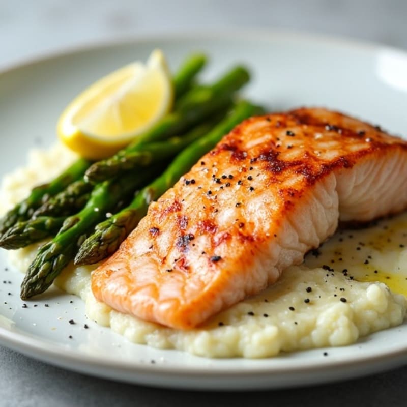Seared Salmon with Steamed Asparagus and Cauliflower Mash