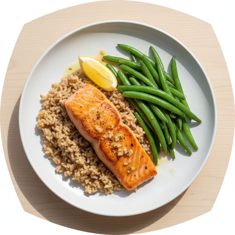 Seared Salmon Fillet with Steamed Green Beans and Brown Rice