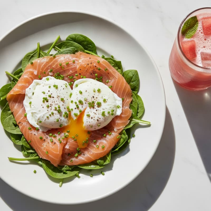 Savory Poached Eggs and Smoked Salmon with Watermelon Cold Brew
