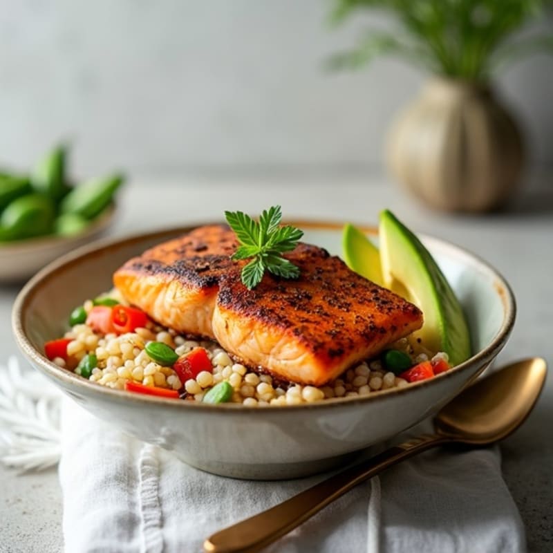 Seared Salmon Rice Bowl with Fresh Avocado and Crispy Vegetables