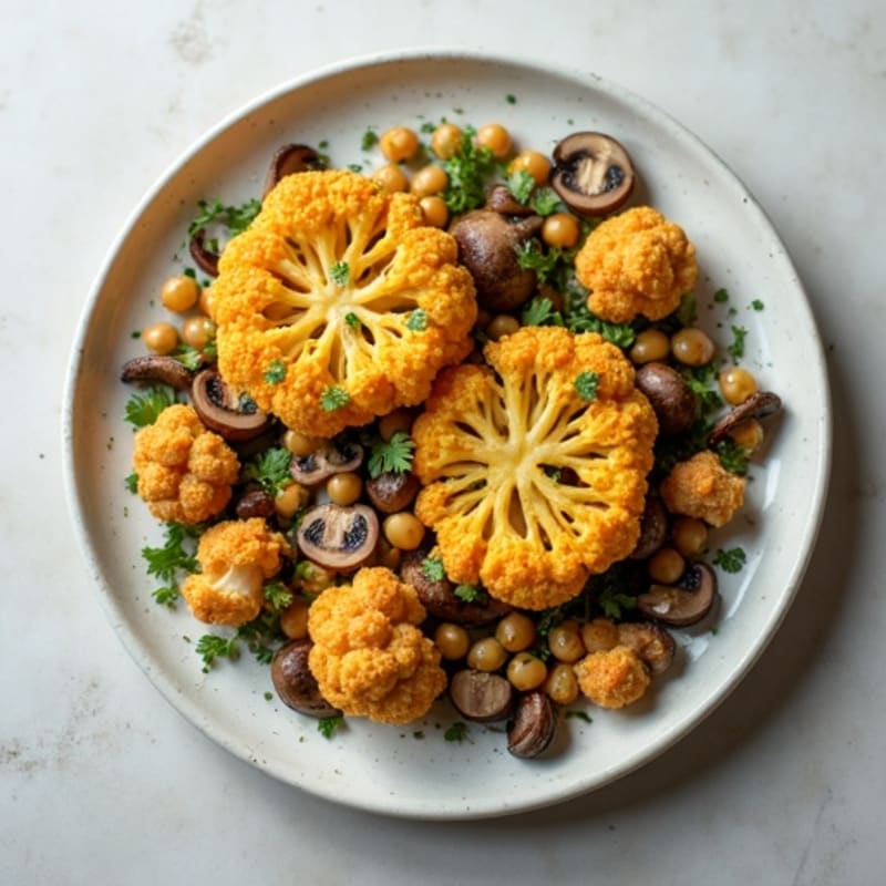 Crispy Cauliflower Steaks with Herb-Roasted Mushrooms