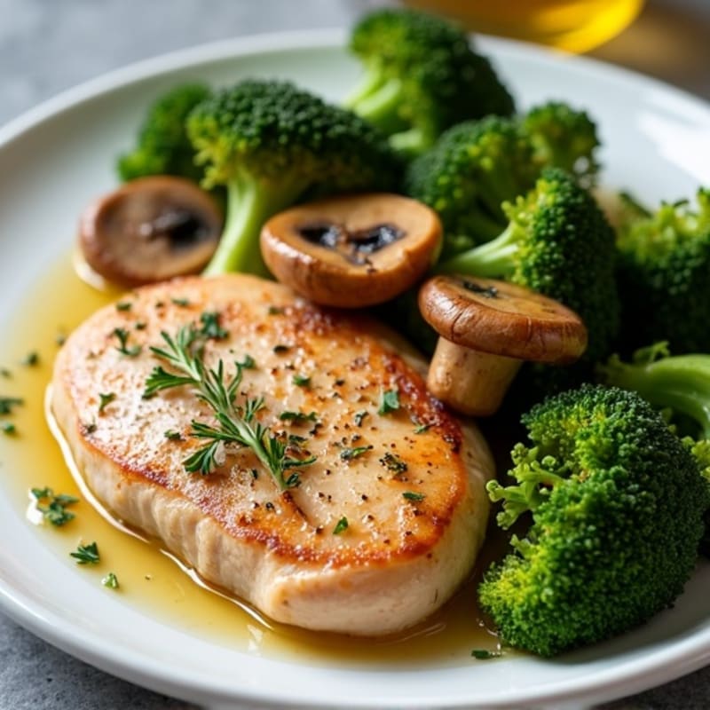 Seared Turkey Breast with Roasted Broccoli and Garlic Mushrooms