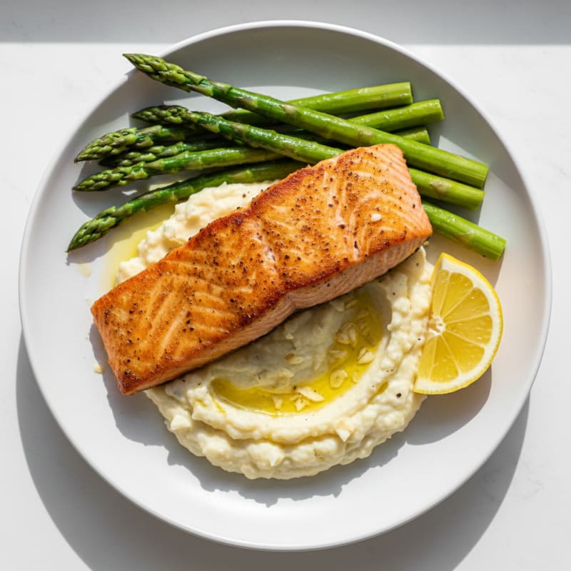 Seared Salmon with Steamed Asparagus and Garlic Mashed Cauliflower