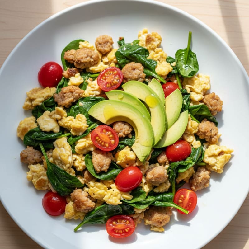 Egg White and Turkey Sausage Scramble with Spinach and Tomatoes