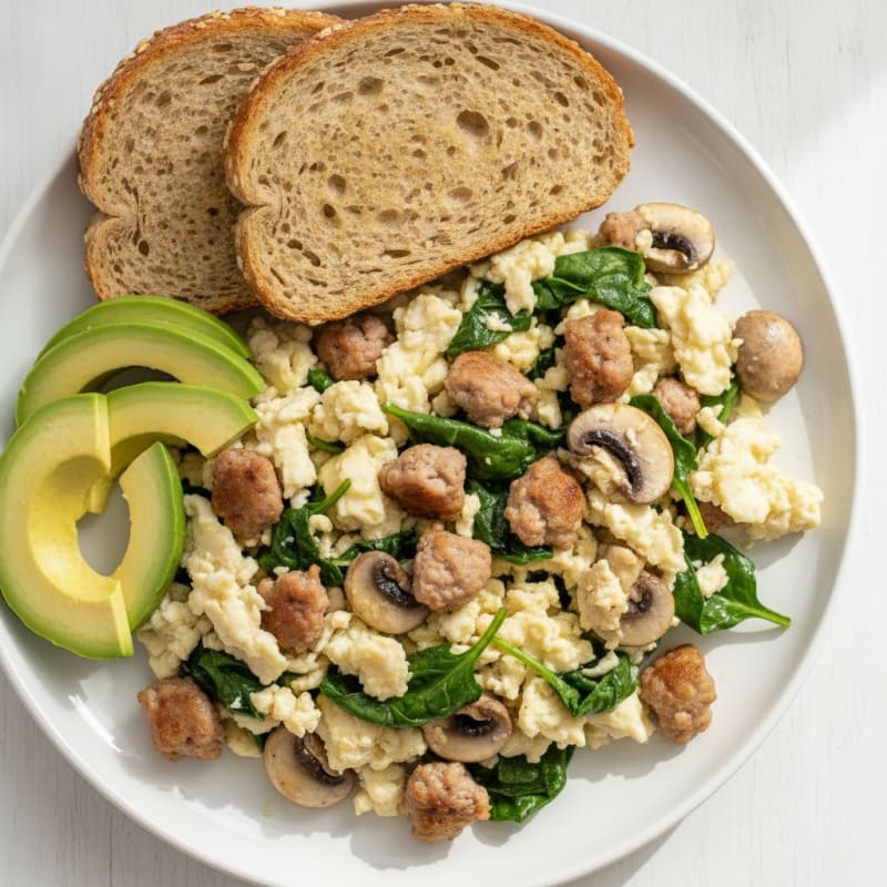 Egg White and Turkey Sausage Scramble with Spinach and Sautéed Mushrooms