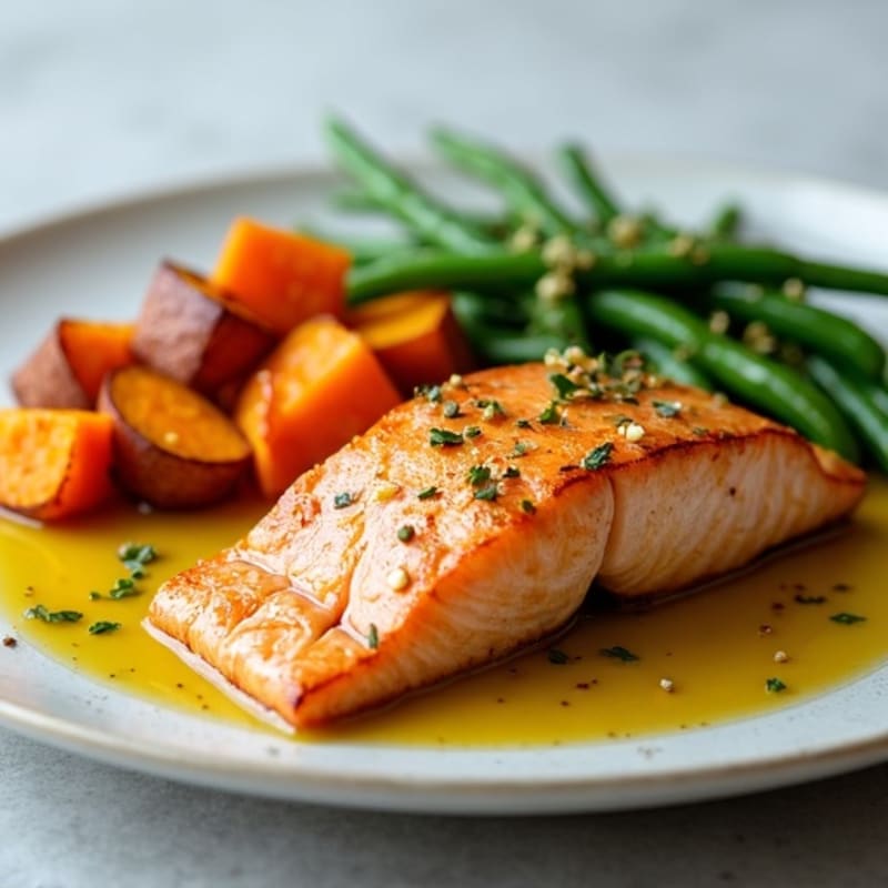 Seared Salmon Fillet with Roasted Sweet Potato and Green Beans