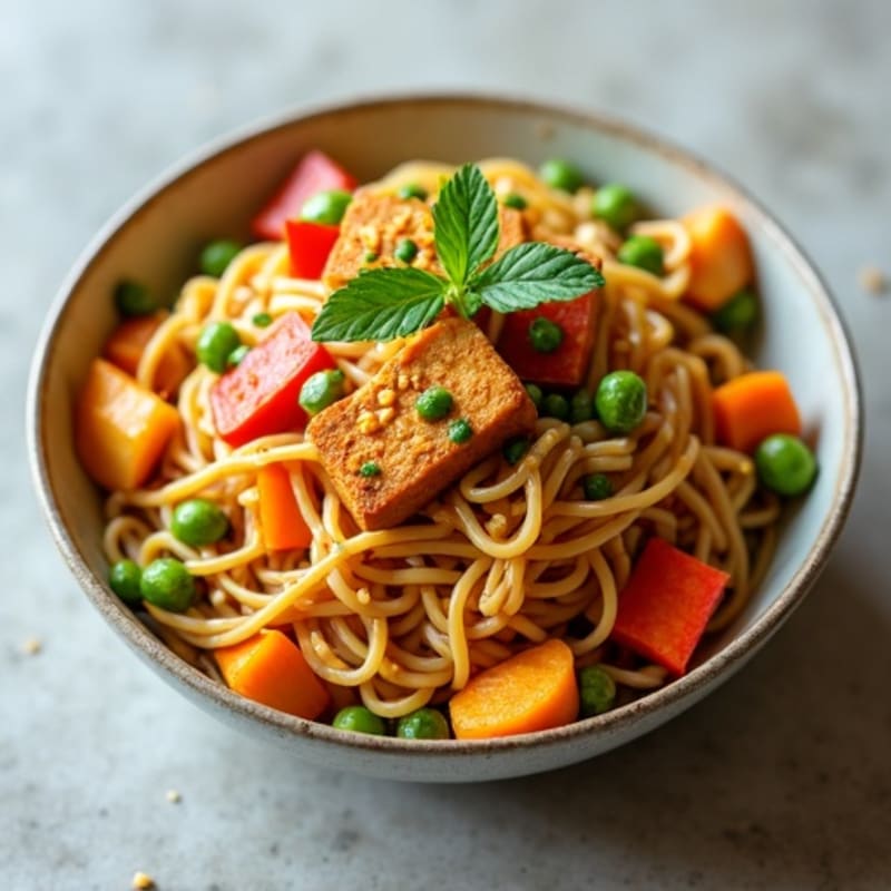 Creamy Thai Peanut Noodles with Crispy Tofu and Fresh Vegetables